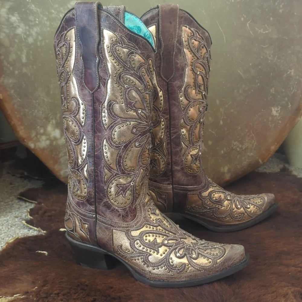 CORRAL E1594 distressed brown leather snip toe cowgirl boots metallic inlay sz 8 - Picture 10 of 16